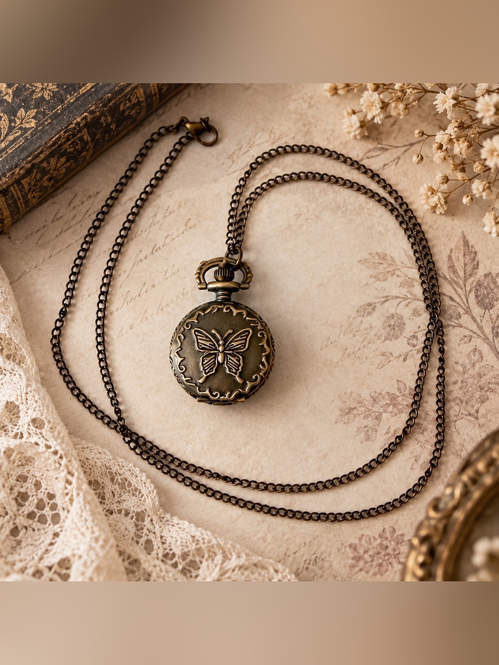 Vintage Style Butterfly Pocket Watch Necklace Bronze Tone Quartz Pendant
